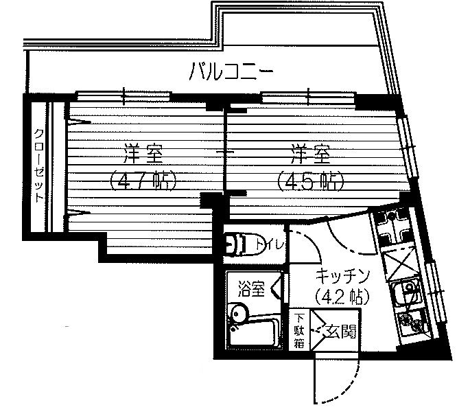 【間取】　2K　27.40�u　最上階角部屋