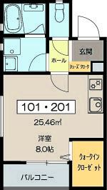 【間取】　201　１Ｋ+ＷＩＣ　25.46�u